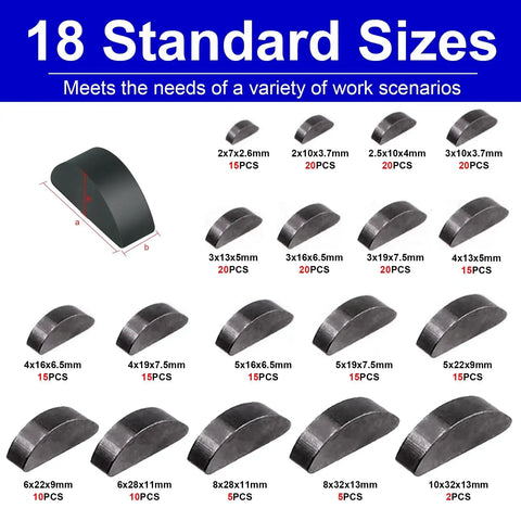 Complete Woodruff Key Assortment Kit 557 Pieces in 40 Popular Sizes Including 257 Woodruff Half Moon Keys displayed in 18 standard sizes