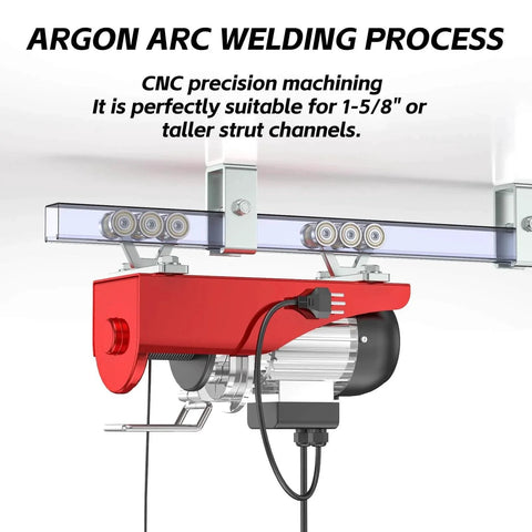 Six Wheel Hoist Trolley With Rollers For Electric Hoist on Strut Channel Assembly, showing side installation view for 1-5/8 inch struts.