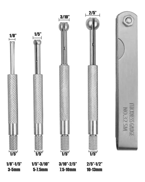 Telescoping Hole Gauge Set 4 Piece Ball Type With Full Round Probes And 32 Steel Feeler Blades For Measuring Gap Width Or Thickness One Eighth Inch To One Half Inch Precise Locking Arms And Smooth Knurled Finish For Machinists And DIY Pros.