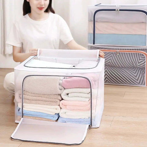 Huge 80L Foldable Storage Bins Organizer With Metal Frame And Durable Handles Clear And Gray 3 Pack For Clothes Bedding Toys And More Waterproof Stackable Tote Boxes With No Assembly Needed