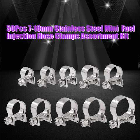 Hose clamp set, 50 pcs, stainless steel, 7–18 mm mini fuel-injection clamps for automotive use