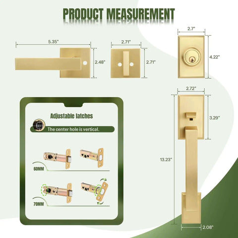 Measurement diagram for Built Tough Satin Brass Front Door Handle Set With Keys, showcasing dimensions and adjustable latches.