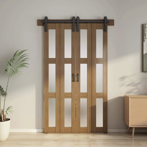 Bifold Glass Barn Door Kit With Hardware 3 Panel Frosted Glass Slab In Brown Wood Grain PVC Water Resistant Finish 48x84 Inches