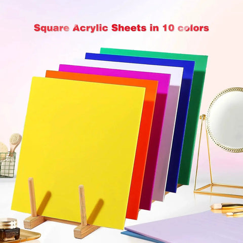 Colorful Cast Acrylic Sheets Set For Laser Cutting And DIY Crafts 12 By 12 Inch 3 Mm Thick 10 Pack displayed on easel