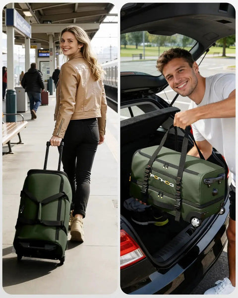 People using the Rolling Duffle Bag With Wheels 21 Inch Travel Duffel With Shoe Compartment Water Resistant Wheeled Luggage Green