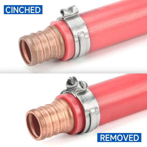 Image showing PEX Clamp Tool Kit for 3/8 Inch, 1/2 Inch, 3/4 Inch and 1 Inch Cinch and Removal With Carrying Case on red tubing, cinched and removed state.