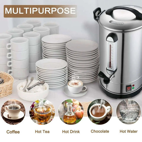 Big Crowd Ready Commercial Coffee Urn 100 Cup Brewer For Offices Churches Catering Events 4 Gallon 16L Dual Layer 304 Stainless Steel Build 1300W Fast Brew Percolator Hot Beverage Dispenser beside stacked cups and saucers.