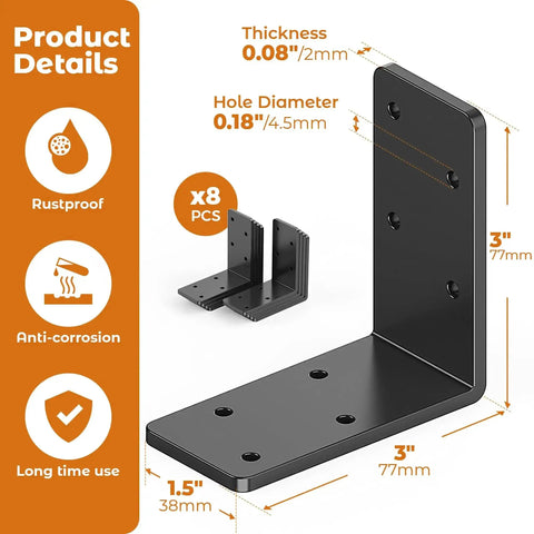 Heavy Duty 8 Pack 3x3 Inch L Brackets Galvanized Corner Braces For Wood Shelves And Furniture with product details shown