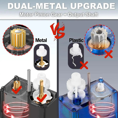 Comparison showing dual-metal gear upgrade vs plastic for Beefed Up 9g Micro Servo Motors With Metal Gear And Shaft Upgrade Pack.