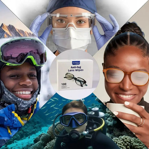 Collage showing use of Anti Fog Lens Wipes For Glasses And Screens 100 Pack Pre Moistened Quick Dry with various eyewear.