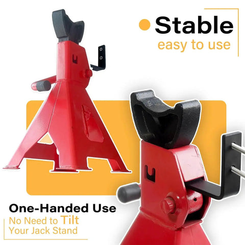 Wall Mount Jack Stands Holder 4 Pack Heavy Duty Stainless Steel Fits 2 3 4 6 Ton, showing close-up of red jack stand with holder