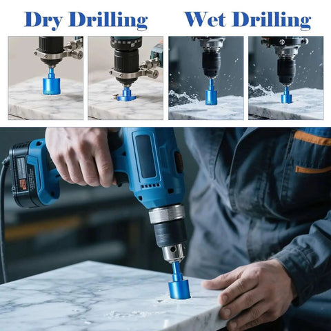 Man using Pro Grade Diamond Tile Drill Bit Set 16 Pc Kit For Porcelain Glass Ceramic Stone Granite Marble Dry And Wet Dual Use