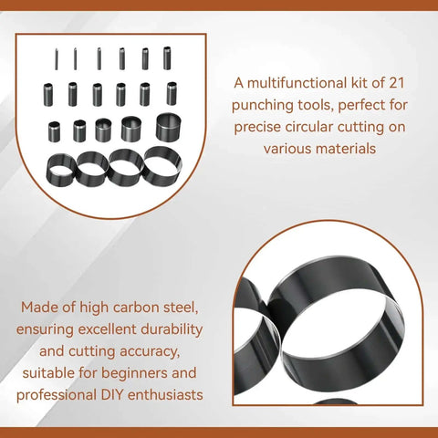 21 Piece Leather Circle Cutter Set Pro Grade Circle Punch Kit 1mm To 55mm With High Carbon Steel Round Cutting Dies displayed