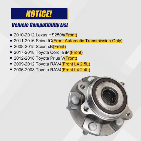 Beefed-Up Front Wheel Bearing And Hub Assembly With ABS And 5-Lug Bolts For 2010-2012 Lexus HS250h Front, 2011-2016 Scion tC Front Automatic, 2008-2015 Scion xB Front, 2017-2018 Toyota Corolla iM Front, 2012-2018 Prius V Front, 2009-2012 RAV4 Front L4 displayed next to vehicle compatibility list