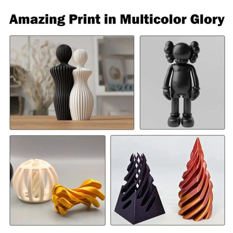 Various 3D-printed sculptures in black, white, and multicolor showcasing the printing quality of Bambu Lab compatible hotend kits.