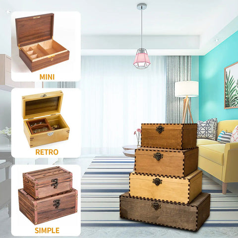 Stacked wooden boxes in various styles inside a living room setting with one open showing interior compartments.