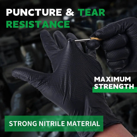 Hands wearing Heavy Duty Black Nitrile Disposable Gloves 8 Mil Powder Free 100 Count X Large, demonstrating grip strength in an industrial setting.