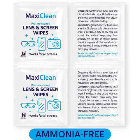 Individually wrapped pre-moistened lens wipes for eyeglasses and screens, pack of 4, with ammonia-free feature highlighted.