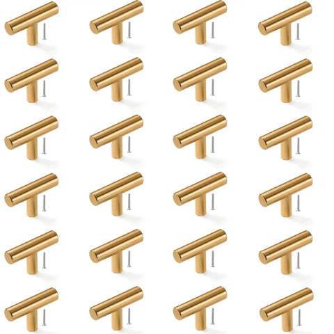 24 Pack Gold T Bar Cabinet Knobs And Drawer Pulls Set with Screws displayed in rows.