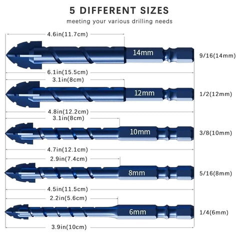 Image of Serrated Masonry Drill Bit Set Eight Pack Sizes Quarter To Nine Sixteenths Inch displayed in five sizes with dimensions.