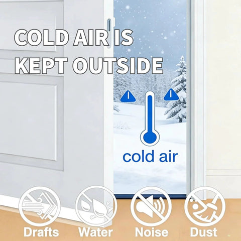 49 Feet Of Clear Weather Stripping Door Seal Kit with Three Rolls Of Silicone Draft Seal Tape demonstrated on door gap keeping cold air outside