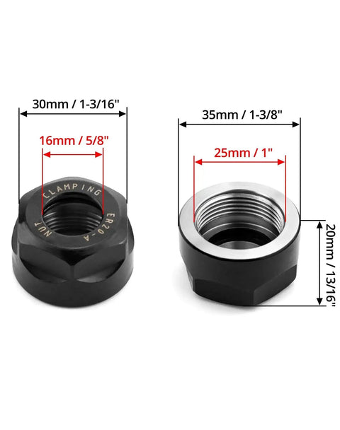 ER20 A Collet Clamping Nuts For CNC Milling Chuck Holder Lathe 4 Pack Black Finish, precision measurements shown, black oxide steel