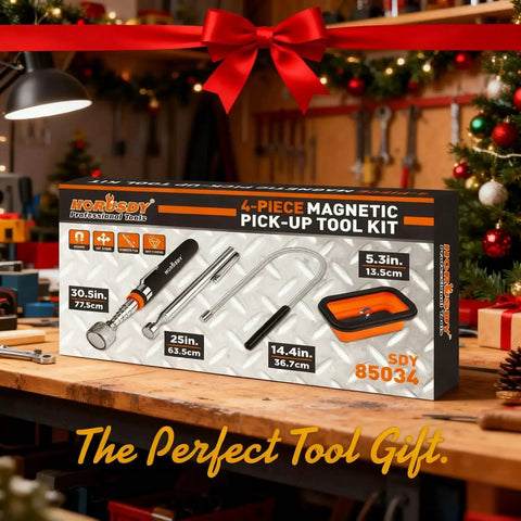 Must Have Versatile Four Piece Magnetic Pickup Tools Kit With Telescoping Extensions From 7 To 30.5 Inches And 5 To 25 Inches Bend It Flexible Magnetic Pickup Tool And Collapsible Parts Tray For Your Garage Workshop And Yard on workbench.