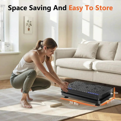 Woman storing Vibration Plate Fitness Platform For Full Body Workout And Lymphatic Drainage Home Gym Shaker Machine under sofa