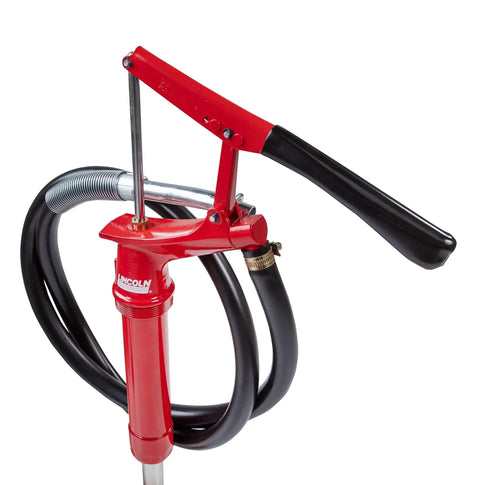 Lincoln 1335 Lever Action Fluid Transfer Pump For 16 To 55 Gallon Drums With 8.5 Fluid Ounces Per Stroke showing red pump body and hose
