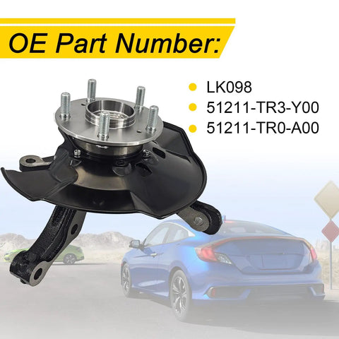 Front Right Passenger Side Steering Knuckle Wheel Hub Bearing Assembly For Honda Civic 1.8L 2012 2013 2014 2015 2016 Ready To Roll Drop In Replacement OE Parts 51211-TR3-Y00 51211-TR0-A00 displayed with car in background