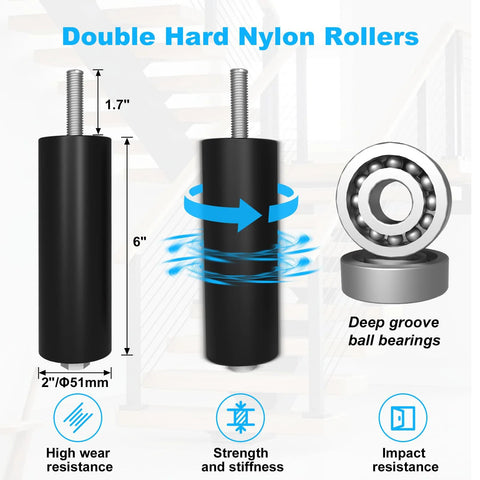 2 Pack Heavy Duty Sliding Gate Rollers With Adjustable 6 Inch Double Hard Nylon Rollers, showing roller dimensions and features