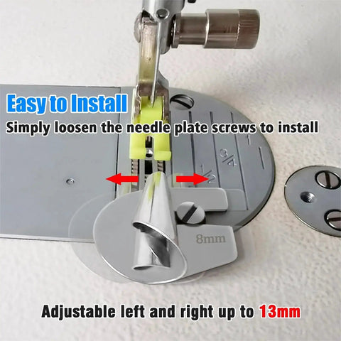 TOOVREN rolled hemmer foot set for sewing machine; metal, four feet (7/8/9/10 mm), adjustable left-right up to 13 mm.