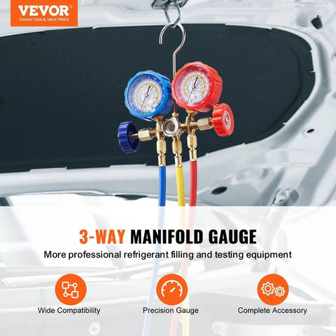 Three Way Car AC Manifold Gauge Set For R134A R22 R12 R502 With 5 Ft Hoses Couplers And Can Tap Freon Charging And Evacuation