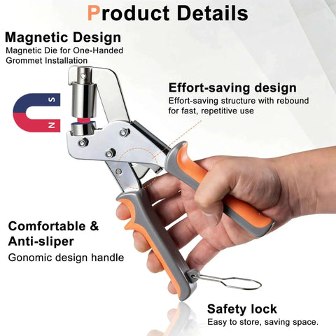Person holding Grommet Tool Kit with magnetic die, safety lock, and ergonomic handle for easy grommet installation.