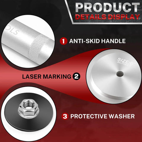 Truck Hub Seal Installer Kit with Bearing Race and Seal Driver Set details, featuring anti-skid handle, laser marking, and protective washer.