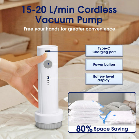 Eunhdet cordless vacuum pump with grey base, front power button, battery level display, Type-C charging port.