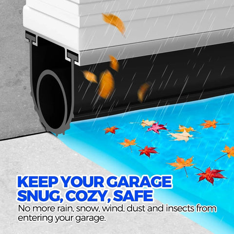 Weatherproof EPDM Garage Door Seal For Bottom Weather Stripping Kit 22 Feet Black Five Sixteenth Inch T End Four And One Eighth Inch Wide Holikme Flexible Durable Weather Resistant installed with rain and leaves outside.