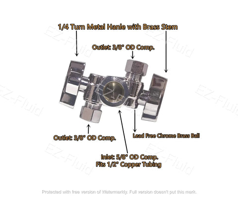 No-Fuss Brass Three-Way Angle Stop Valve With Dual Outlets, Two Handles, Quarter Turn, Five-Eighths Inch Compression Inlet