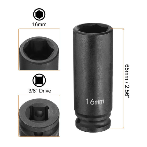 Beefy Deep Impact Socket 3/8 Inch Square Drive, 16mm 6 Point, 65mm Long Flip Socket, CR-MO Steel Industrial Grade For Home Auto Repair