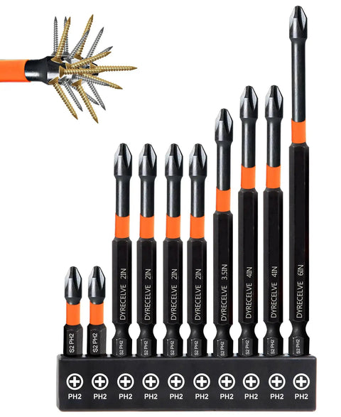 10 Pack Magnetic Phillips Bit Set PH2 Impact Magnetic Bits For Drill And Screwdriver One Inch To Six Inch Long Premium S2 Steel Quarter Inch Hex Shank For Impact Drivers Perfect For Pros And DIYers displayed in holder