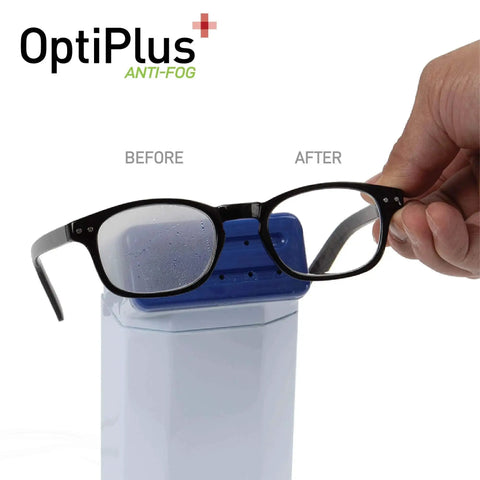 OptiPlus Anti-Fog Lens Wipes showing before and after fog prevention on eyeglass lenses. Anti Fog Lens Wipes For All Lenses Long-Lasting Fog Prevention Daily Use