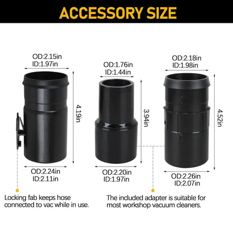 Universal 1 7/8 Inch Vacuum Hose, 7 Foot Replacement accessory size, three black connectors with measurements