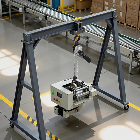 Manual Lever Chain Hoist Half Ton With 5 Ft G80 Chain Dual Pawl Brake hanging from a metal frame in an industrial setting