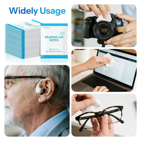 Collage showing usage of Alcohol Free Hearing Aid Cleaning Wipes Individually Wrapped Removes Earwax for electronics and glasses.