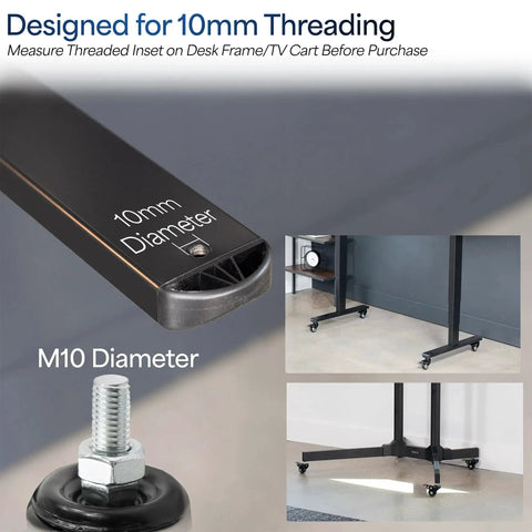 Heavy Duty 2 Inch M10 Threaded Locking Casters showing 10mm threading for desks, TV stands, carts setup