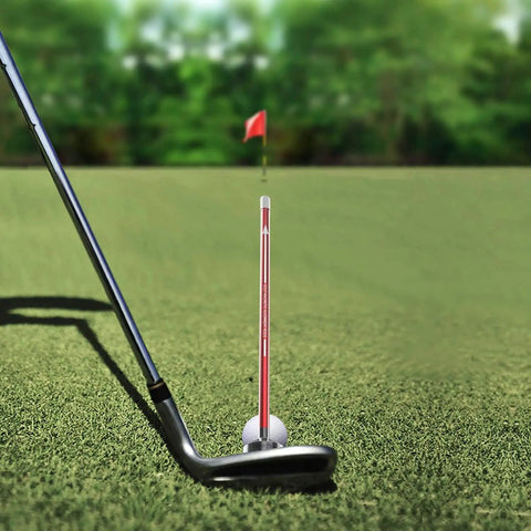 Golf club with Magnetic Alignment Rod for Golf Swing Training Aid in red, showing club face alignment and swing path visualization.