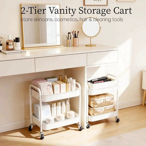 Two Tier Under Desk Storage Cart On Wheels With Built In Handle And Four Side Hooks beside vanity with skincare products