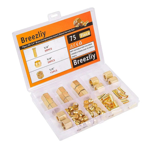 Brass 1/4 Inch OD Compression Insert Sleeve Ferrule And Nut Kit 75 Piece Set in organized storage box