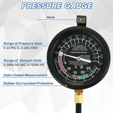 Pro Grade Fuel Pump And Vacuum Tester Gauge Kit For Automotive Engines With Four Essential Tests Including Fuel Pump Pressure And Vacuum Carburetor Intake Manifold And Overall Vacuum System Red Weyleity with pressure dial close-up.