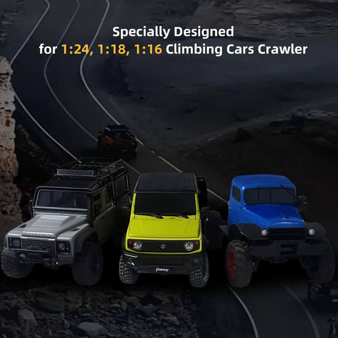 Three 1/24, 1/18, 1/16 RC crawler cars on a rocky terrain road, showcasing models compatible with Waterproof Brushless ANT ESC.